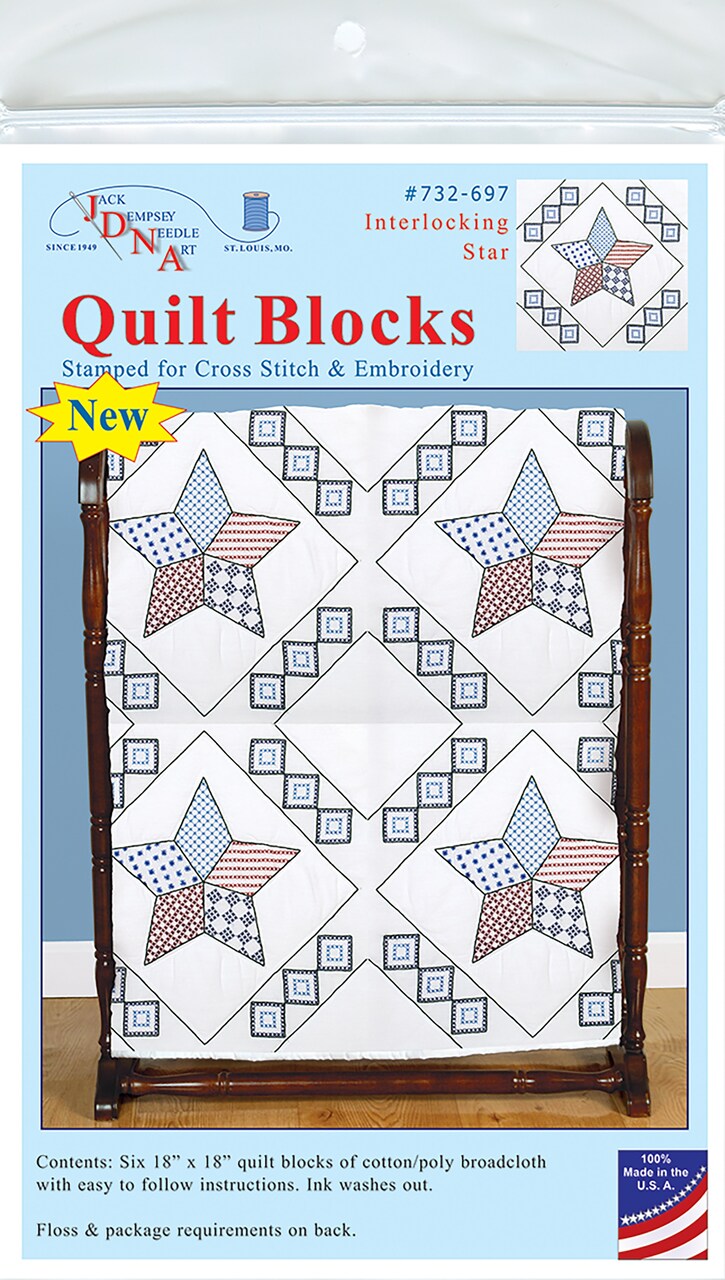 Jack Dempsey Stamped White Quilt Blocks 18"X18" 6/Pkg-Interlocking Star